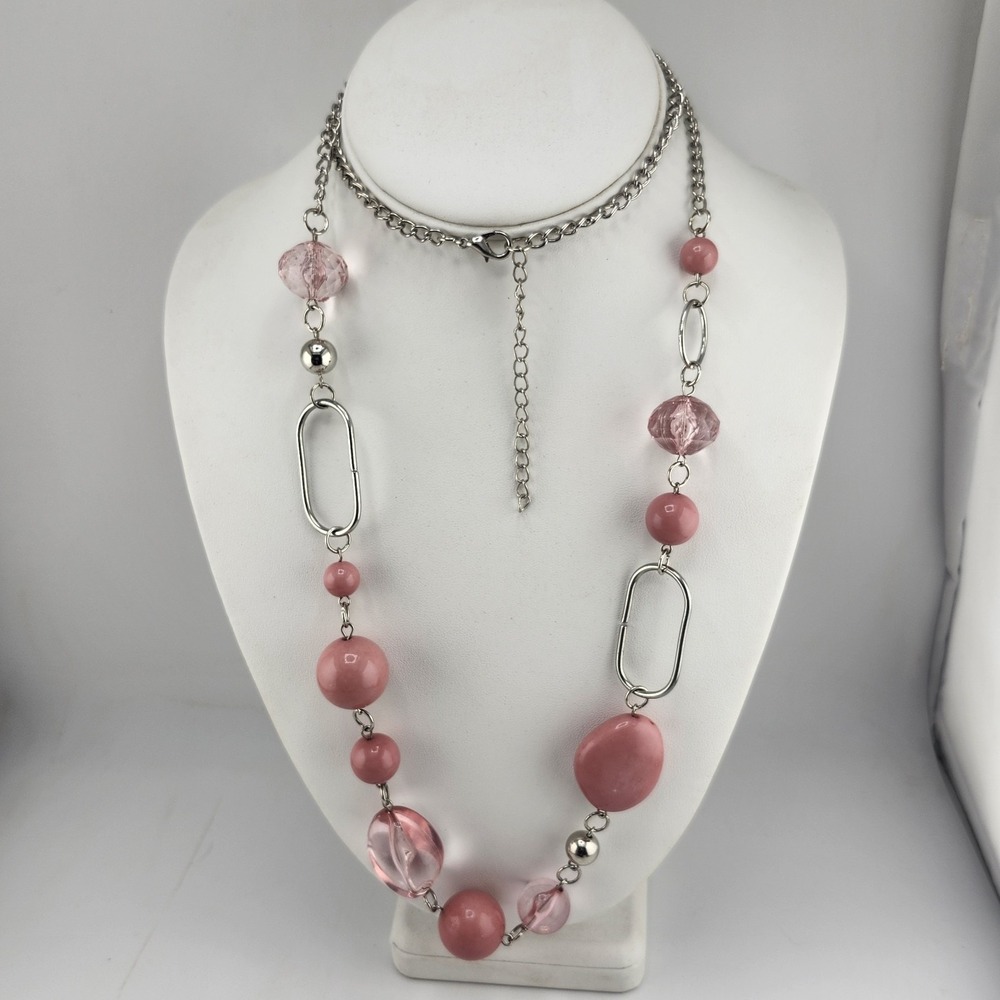 Long Silver Tone Pink Acrylic Bead Necklace‎